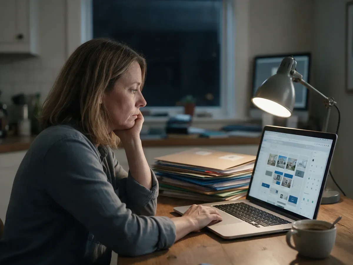 Eigentümerin vergleicht am Abend Makler-Websites am Laptop