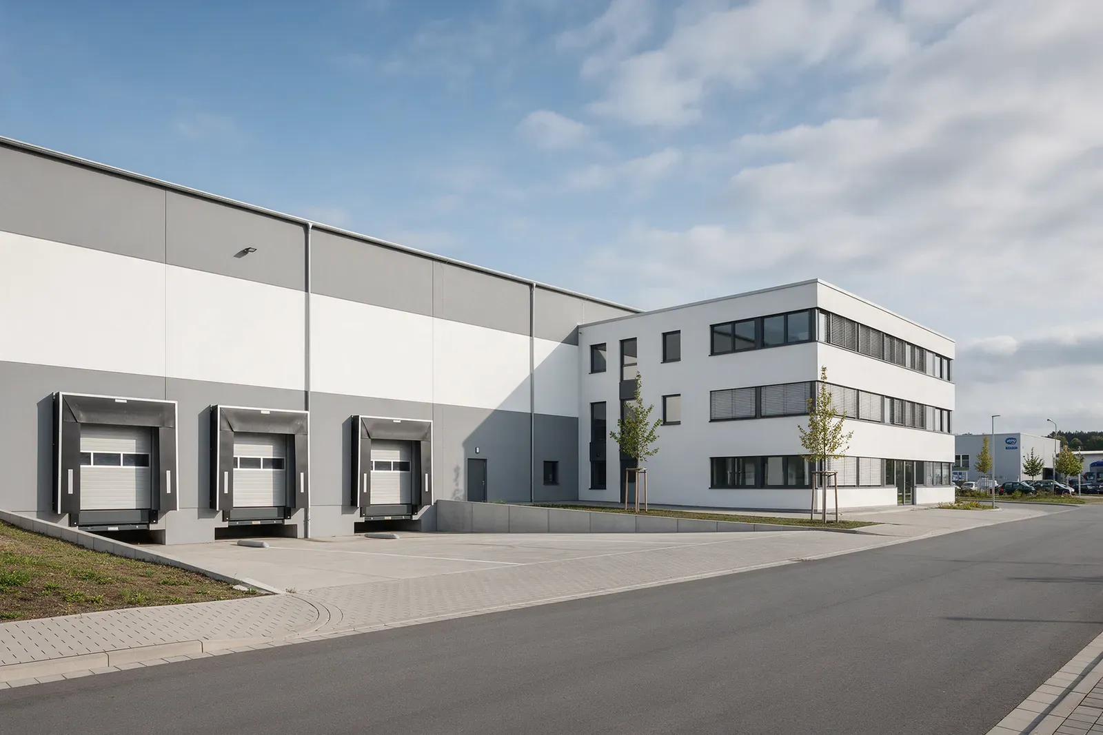 Moderne Logistikhalle mit Bürotrakt in einem Gewerbegebiet