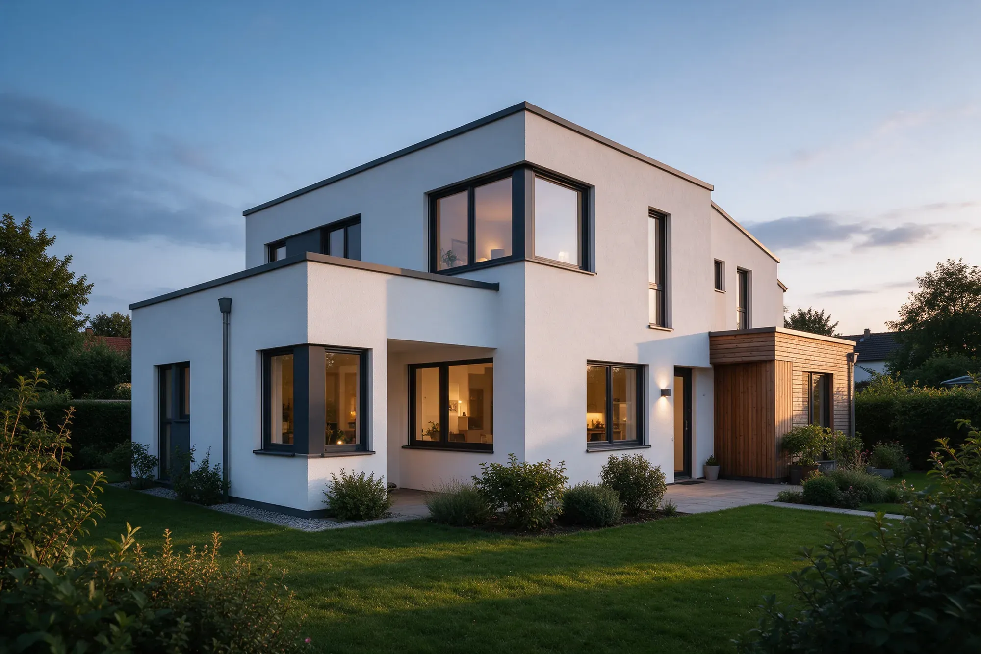 Einfamilienhaus mit Garten im Abendlicht