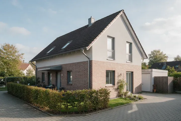 Doppelhaushälfte mit Garten, wie sie in einem Exposé gezeigt wird