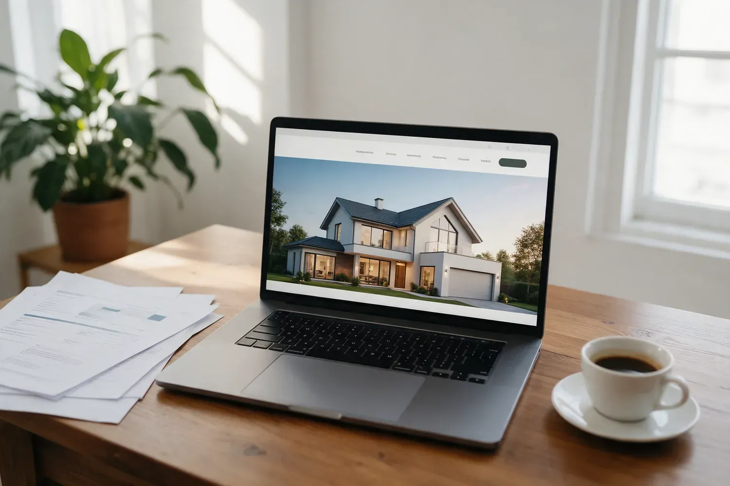 Laptop mit einer Makler-Website auf einem Schreibtisch, daneben Unterlagen und Kaffee
