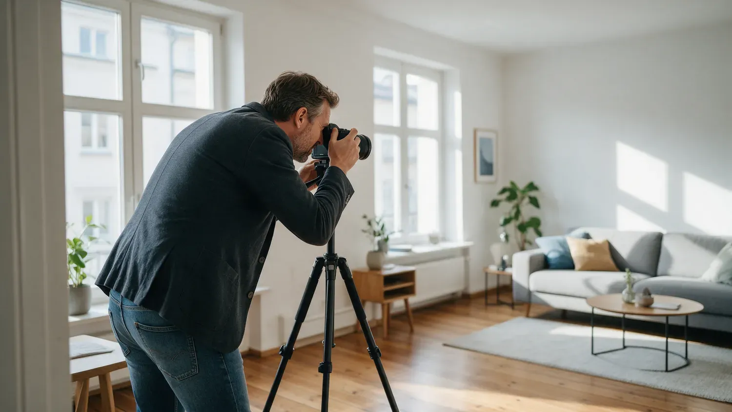 Makler fotografiert eine helle Wohnung mit Kamera und Stativ für die Vermarktung
