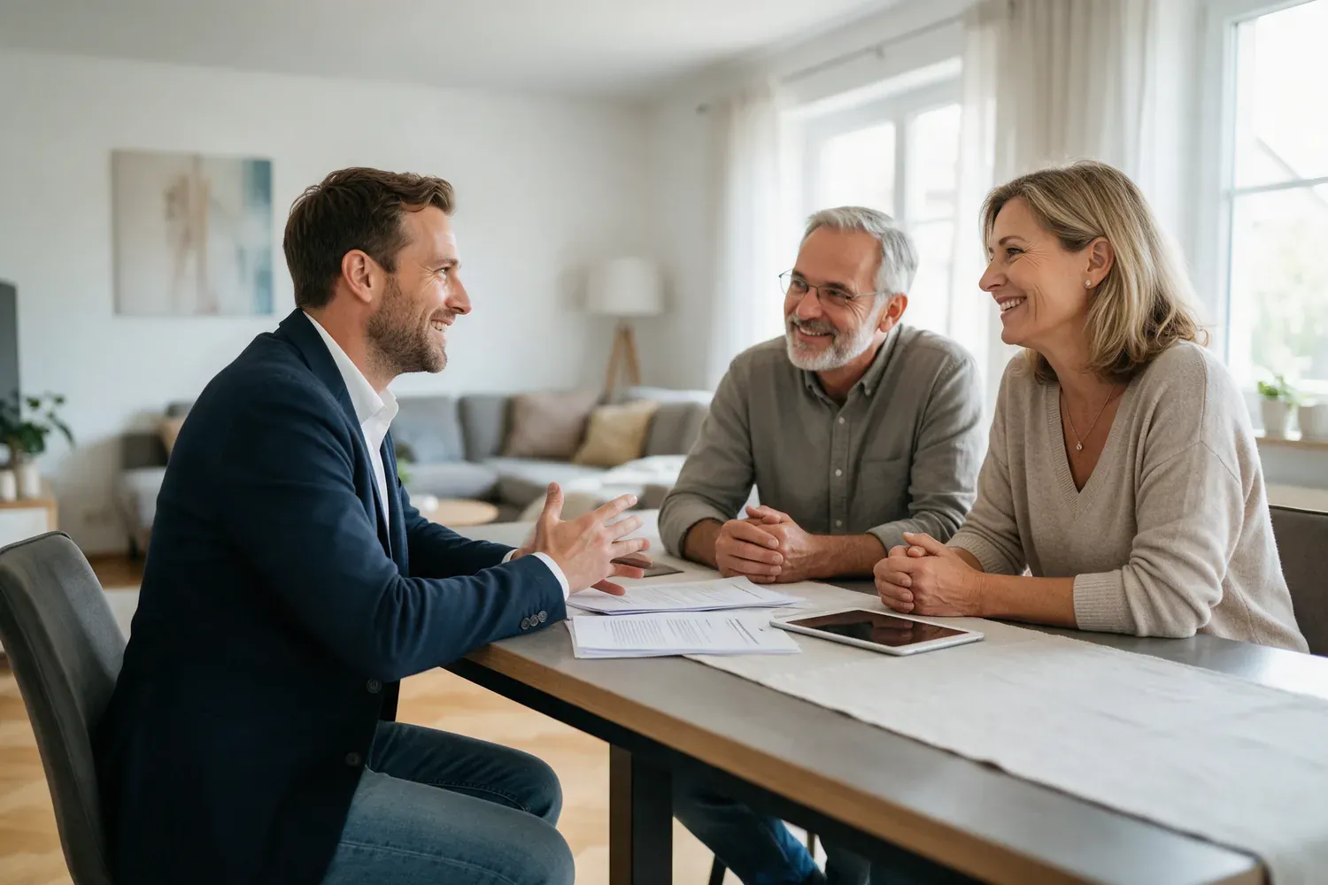 Immobilienmakler im Gespräch mit einem Eigentümerpaar am Esstisch