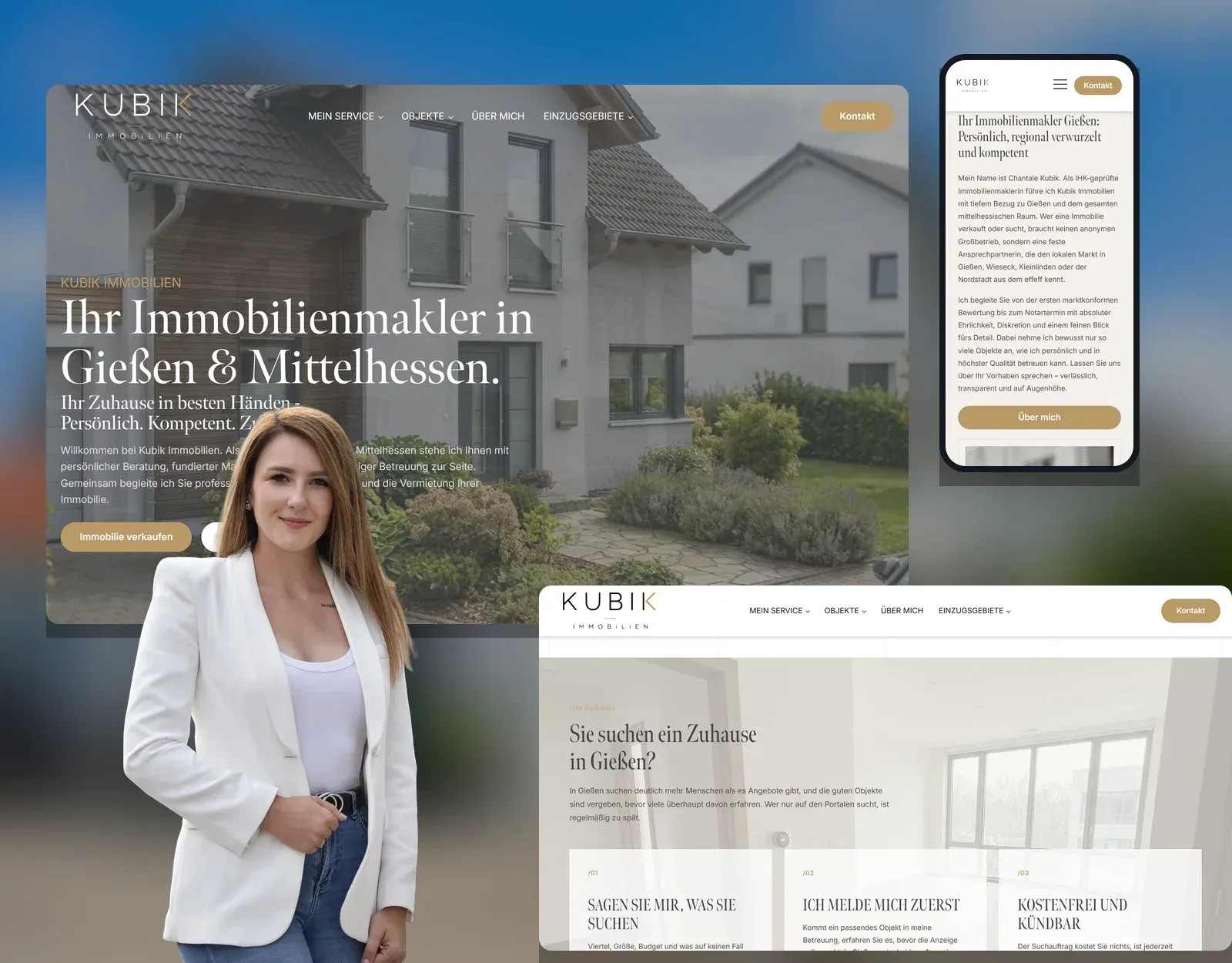 Chantale Kubik vor der Website von Kubik Immobilien auf Desktop und Smartphone