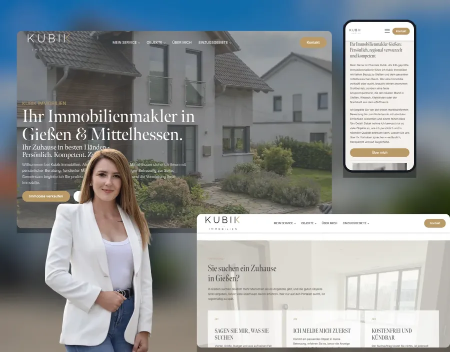 Chantal Kubik vor der Website von Kubik Immobilien auf Desktop und Smartphone