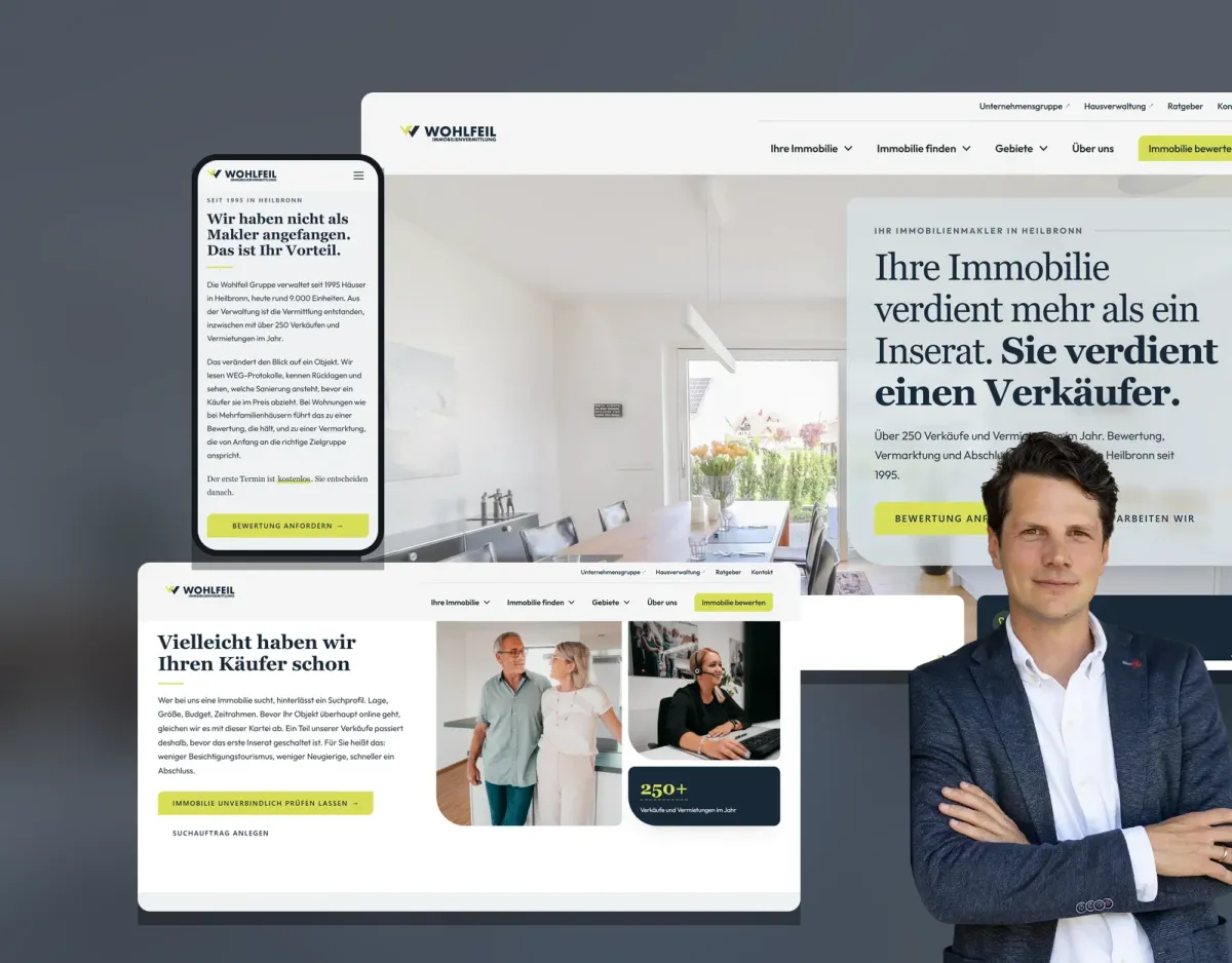 Christian Wohlfeil vor der Website von Wohlfeil Immobilien in Heilbronn, auf Desktop und Smartphone